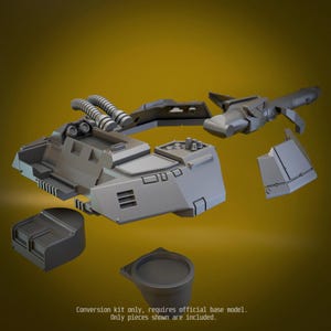 May include: A grey resin conversion kit for a miniature model, featuring a main chassis with ribbed tubing, a long cannon attachment, side armor plating, a rectangular storage component, and a circular base piece. Text reads: Conversion kit only, requires official base model. Only pieces shown are included.