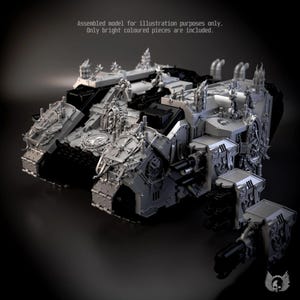 May include: A light grey plastic model tank kit featuring intricate gothic-style armour plating, skull motifs, and weapon mounts. The text reads: Assembled model for illustration purposes only. Only bright coloured pieces are included.