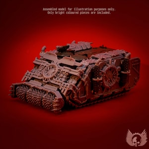 May include: A grey plastic model of a futuristic armored tank featuring spiked rollers at the front, skull motifs, and intricate mechanical detailing. The text Assembled model for illustration purposes only. Only bright coloured pieces are included. is visible.