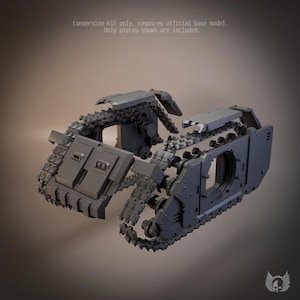 May include: A grey plastic tank conversion kit featuring two side track assemblies and a front armour plate. The text at the top reads: Conversion kit only, requires official base model. Only pieces shown are included.