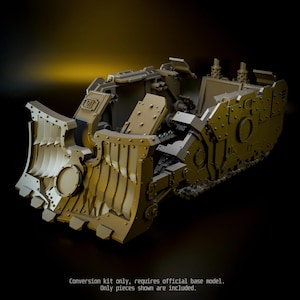 May include: A matte tan resin conversion kit for a miniature tank model, featuring a large front dozer blade with vertical ridges, side armor panels with rivet details, and internal track components. Text reads: Conversion kit only, requires official base model. Only pieces shown are included.