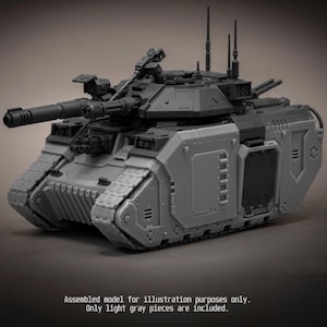 May include: A gray plastic tank model featuring a rotating turret, a long main cannon, multiple antennas, and detailed track armor. The text at the bottom reads: Assembled model for illustration purposes only. Only light gray pieces are included.