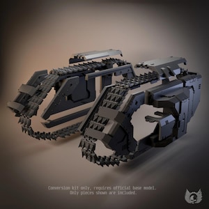 May include: A dark grey plastic tank conversion kit featuring two separate track assemblies with spiked treads and upper hull plates. The text at the bottom reads: Conversion kit only, requires official base model. Only pieces shown are included.