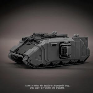 May include: A light gray plastic model tank featuring a tracked chassis, side-mounted weapon ports, and a flat top deck with circular hatches. The text at the bottom reads: Assembled model for illustration purposes only. Only light gray pieces are included.