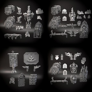 May include: A collection of grey plastic miniature upgrade components featuring gothic architectural elements, religious iconography, shields with cross emblems, chains, banners, and ornate reliquaries designed for tabletop gaming assembly.