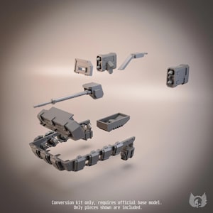 May include: A grey plastic model tank conversion kit featuring a long cannon, track sections, missile launchers, and armour plating components. The text at the bottom reads: Conversion kit only, requires official base model. Only pieces shown are included.
