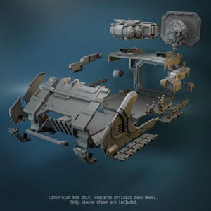 May include: A grey plastic model vehicle conversion kit featuring various unassembled components including a main chassis, side panels, engine parts, and a detailed rear hatch. The text at the bottom reads: Conversion kit only, requires official base model. Only pieces shown are included.
