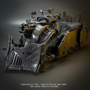 May include: A grey plastic conversion kit for a miniature tank model, featuring a large front plough, side armour panels, and various turret components. The text at the bottom reads: Conversion kit only, requires official base model. Only pieces shown are included.