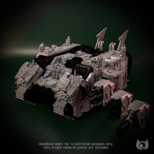 May include: A grey and black plastic model tank featuring intricate gothic-style details, including winged eagle emblems, ornate archways, and multiple weapon mounts. The text 'Assembled model for illustration purposes only. Only bright coloured pieces are included.' is visible.