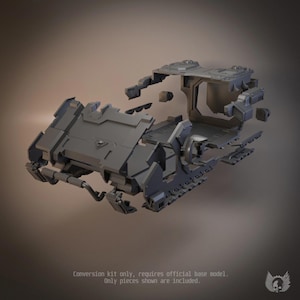 May include: A grey plastic model conversion kit featuring multiple unassembled components for a vehicle, including a chassis, side panels, and structural frame pieces. The text on the image reads: Conversion kit only, requires official base model. Only pieces shown are included.