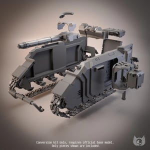 May include: A grey plastic model tank conversion kit featuring unassembled components including side panels, tank treads, a main cannon, and various armour plating pieces. The text at the bottom reads: Conversion kit only, requires official base model. Only pieces shown are included.