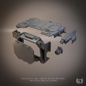 May include: A grey plastic model conversion kit featuring a flat top panel with vents, a main frame section with a large rectangular shield, a side-mounted weapon component, and a small circular engine part. Text reads: Conversion kit only, requires official base model. Only pieces shown are included.