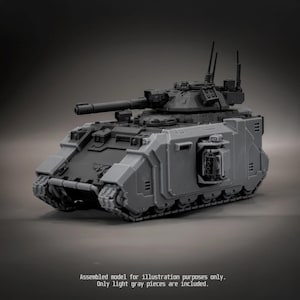May include: A grey plastic model tank featuring a rotating turret, a long main cannon, and side-mounted weapon systems. The model includes antennas and detailed track segments. Text at the bottom reads: Assembled model for illustration purposes only. Only light grey pieces are included.