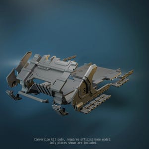 May include: A grey plastic conversion kit for a miniature vehicle, featuring angular armour plating, side track sections, and mechanical detailing. The text "Conversion kit only, requires official base model. Only pieces shown are included." is visible.