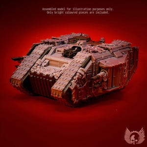 May include: A light gray plastic model tank featuring heavy treads, side-mounted cannons, and skull-themed decorative details. The text above reads: Assembled model for illustration purposes only. Only bright coloured pieces are included.