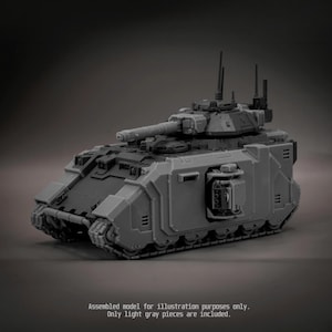 May include: A light grey plastic model tank featuring a rotating turret, a long main cannon, and multiple antennas. The side of the hull displays a mounted weapon system. Text at the bottom reads: Assembled model for illustration purposes only. Only light grey pieces are included.