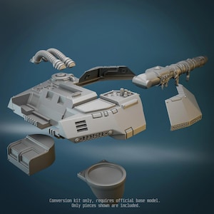 May include: A grey resin conversion kit for a miniature model, featuring a main armored hull section with runic inscriptions, a long barrel weapon, two exhaust pipes, a rectangular storage component, and a circular base piece. Text reads: Conversion kit only, requires official base model. Only pieces shown are included.