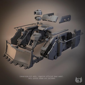 May include: A grey plastic tank conversion kit featuring a front dozer blade, side armour panels, and a turret assembly. The kit includes various mechanical components and structural parts. Text at the bottom reads: Conversion kit only, requires official base model. Only pieces shown are included.