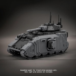 May include: A grey plastic tank model featuring a rotating turret, a main cannon, and side-mounted weapon systems. The text at the bottom reads: Assembled model for illustration purposes only. Only light grey pieces are included.