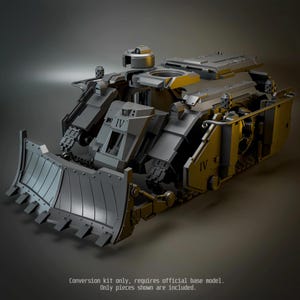 May include: A grey plastic tank conversion kit featuring a large front dozer blade, tracked side panels, and a top hatch. The Roman numeral IV is printed on the front and side armour. Text at the bottom reads: Conversion kit only, requires official base model. Only pieces shown are included.