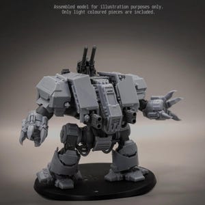 May include: A light gray plastic model of a bipedal combat robot with two clawed hands, a central torso, and dual top-mounted cannons. The text Assembled model for illustration purposes only. Only light coloured pieces are included. is visible.