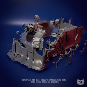 May include: A grey plastic model vehicle conversion kit featuring a front plough, a skull-adorned engine block, side panels, and hanging chain details. The text at the bottom reads: Conversion kit only, requires official base model. Only pieces shown are included.