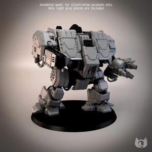 May include: A light gray plastic model of a bipedal combat robot with a heavy armored torso, a large cannon on the right arm, and a multi-fingered claw on the left arm. Text reads: Assembled model for illustration purposes only. Only light gray pieces are included.