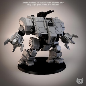 May include: A light gray plastic model of a bipedal combat robot with two large clawed hands and a black weapon mounted on top. The text Assembled model for illustration purposes only. Only light gray pieces are included. is visible at the top.
