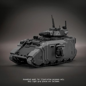 May include: A grey plastic model tank featuring a rotating turret with dual cannons, side-mounted weapon systems, and detailed tracks. The text on the image reads: Assembled model for illustration purposes only. Only light grey pieces are included.