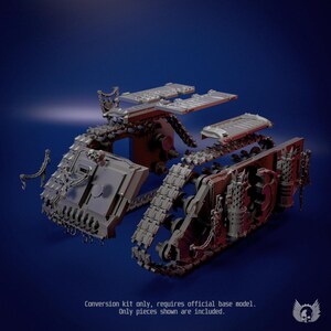 May include: A grey plastic conversion kit for a miniature tank model, featuring detailed side panels with exhaust pipes, track sections, and top armor plates. The text at the bottom reads: Conversion kit only, requires official base model. Only pieces shown are included.