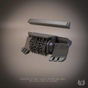 May include: A grey plastic conversion kit for a miniature model, featuring a central roller assembly with multiple rows of sharp, pointed spikes, flanked by two side plates with three-pronged feet, and a separate rectangular top bar component.