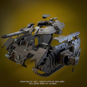 May include: A grey plastic tank conversion kit featuring a turret with a long cannon, side armor panels, and mechanical track components. The kit includes various modular parts for assembly. Text at the bottom reads: Conversion kit only, requires official base model. Only pieces shown are included.