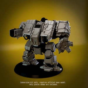 May include: A grey plastic miniature robot figure featuring a heavy armored chassis, a large cannon on the right arm, and a multi-pronged claw on the left arm. The text at the bottom reads: Conversion kit only, requires official base model. Only pieces shown are included.