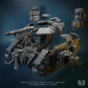 May include: A grey plastic model tank conversion kit featuring disassembled components including a main chassis, turret parts, side panels, and weapon attachments. Text at the bottom reads: Conversion kit only, requires official base model. Only pieces shown are included.
