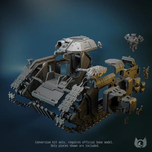 May include: A grey plastic model tank conversion kit featuring a turret, side panels, tracks, and decorative components. The kit includes various unassembled parts with intricate mechanical details and the text Conversion kit only, requires official base model. Only pieces shown are included.