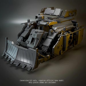 May include: A grey plastic tank conversion kit featuring a large front dozer blade, side armor panels, and a top hatch. The components display the Roman numeral IV on the front and side. Text at the bottom reads: Conversion kit only, requires official base model. Only pieces shown are included.