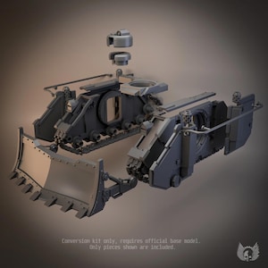 May include: A grey plastic model tank conversion kit featuring a large front dozer blade, side armour panels with integrated railings, and a multi-part turret hatch assembly. Text at the bottom reads: Conversion kit only, requires official base model.