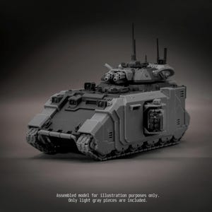 May include: A gray plastic model tank featuring a turret with dual cannons, multiple antennas, and side-mounted weapon systems. The model includes tracks and armored plating. Text at the bottom reads: Assembled model for illustration purposes only. Only light gray pieces are included.