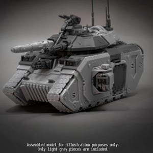 May include: A grey plastic model tank featuring a main cannon, a turret-mounted machine gun, and side-mounted weapon ports. The model includes antennas and detailed track treads. Text at the bottom reads: Assembled model for illustration purposes only. Only light grey pieces are included.