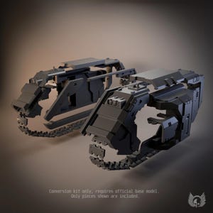 May include: Two dark grey plastic conversion kit components for a miniature tank model. Each piece features a segmented track section, a sloped front armour plate, and a flat top panel. Text at the bottom reads: Conversion kit only, requires official base model. Only pieces shown are included.