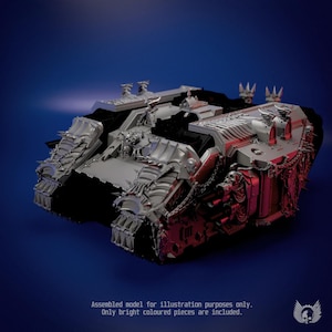 May include: A grey plastic miniature tank model featuring intricate gothic-style armour plating, spiked details, and hanging chain elements. The text on the image reads: Assembled model for illustration purposes only. Only bright coloured pieces are included.