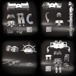 May include: A collection of grey resin miniature model parts including various weapon systems, shoulder pads, a spiked helmet, a long staff wrapped in chains with the text Exterminatus, and mechanical components for assembly on a dark background.
