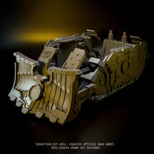 May include: A matte tan plastic conversion kit for a miniature tank model, featuring a large front dozer blade with vertical ridges, side armour panels with rivet details, and internal track components. Text reads: Conversion kit only, requires official base model. Only pieces shown are included.