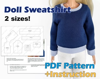 Op de afbeelding: PDF-patroon en instructies voor het naaien van een trui voor poppen in twee maten. Het patroon bevat een blauwe trui met een lichtblauwe bies en een witte pop die het afgewerkte kledingstuk draagt.