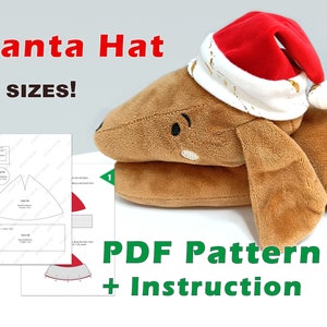 May include: A PDF pattern and instructions for sewing a Santa hat in four sizes. The pattern includes a red and white Santa hat with a gold trim and a white pom-pom.