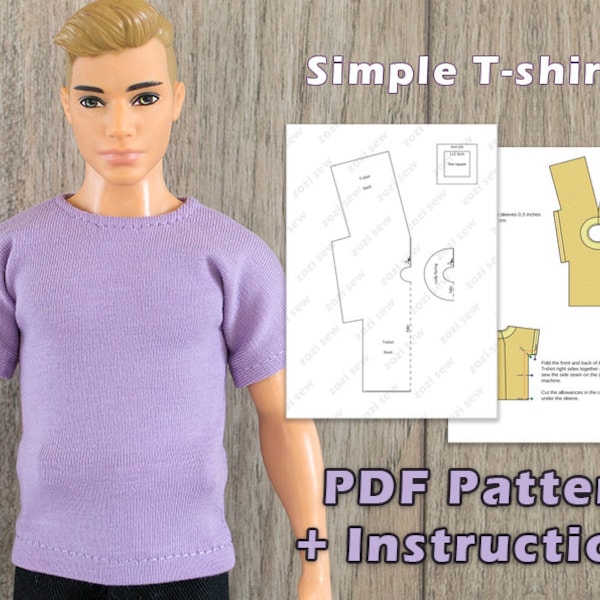 PDF Pattern T-shirt for Doll with One-Piece Sleeve