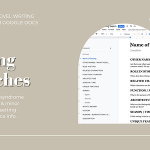 Op de afbeelding: Een Google Docs-sjabloon voor het schrijven van romans met een sectie genaamd "Setting Sketches" die een lijst met prompts bevat om schrijvers te helpen hun settings te ontwikkelen. De prompts omvatten "Naam van de setting", "Locatie", "Andere namen/Wat mensen het noemen", "Rol in het verhaal", "Gerelateerde personages", "Functie/Doel", "Architectuur", "Seizoen/Tijd" en "Unieke kenmerken".