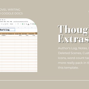 Op de afbeelding: Een Google Docs-sjabloon voor het schrijven van romans met een spreadsheet met de titel "Auteur Logboek" en een lijst met functies, waaronder notities, idee&euml;n, verwijderde sc&egrave;nes, aangepaste map-pictogrammen, woordentel-doelen en meer.