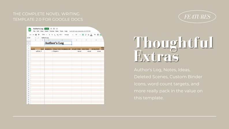 Op de afbeelding: Een Google Docs-sjabloon voor het schrijven van romans met een spreadsheet met de titel "Auteur Logboek" en een lijst met functies, waaronder notities, idee&euml;n, verwijderde sc&egrave;nes, aangepaste map-pictogrammen, woordentel-doelen en meer.