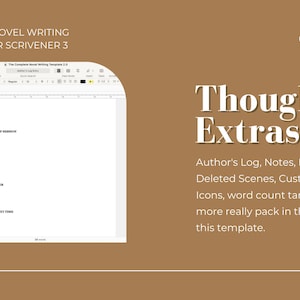 Op de afbeelding: Een screenshot van een computerscherm met een document met de titel "Datum & Tijd" met een lijst met schrijfprompts. Het document maakt deel uit van een roman-schrijftemplate voor Scrivener 3. De tekst "Gedachtenvolle Extras" wordt weergegeven in witte tekst op een bruine achtergrond. De tekst "Logboek van de auteur, notities, idee&euml;n, verwijderde sc&egrave;nes, aangepaste binderpictogrammen, woordtel doelen en meer voegen echt waarde toe aan deze template." wordt ook weergegeven in witte tekst op een bruine achtergrond.